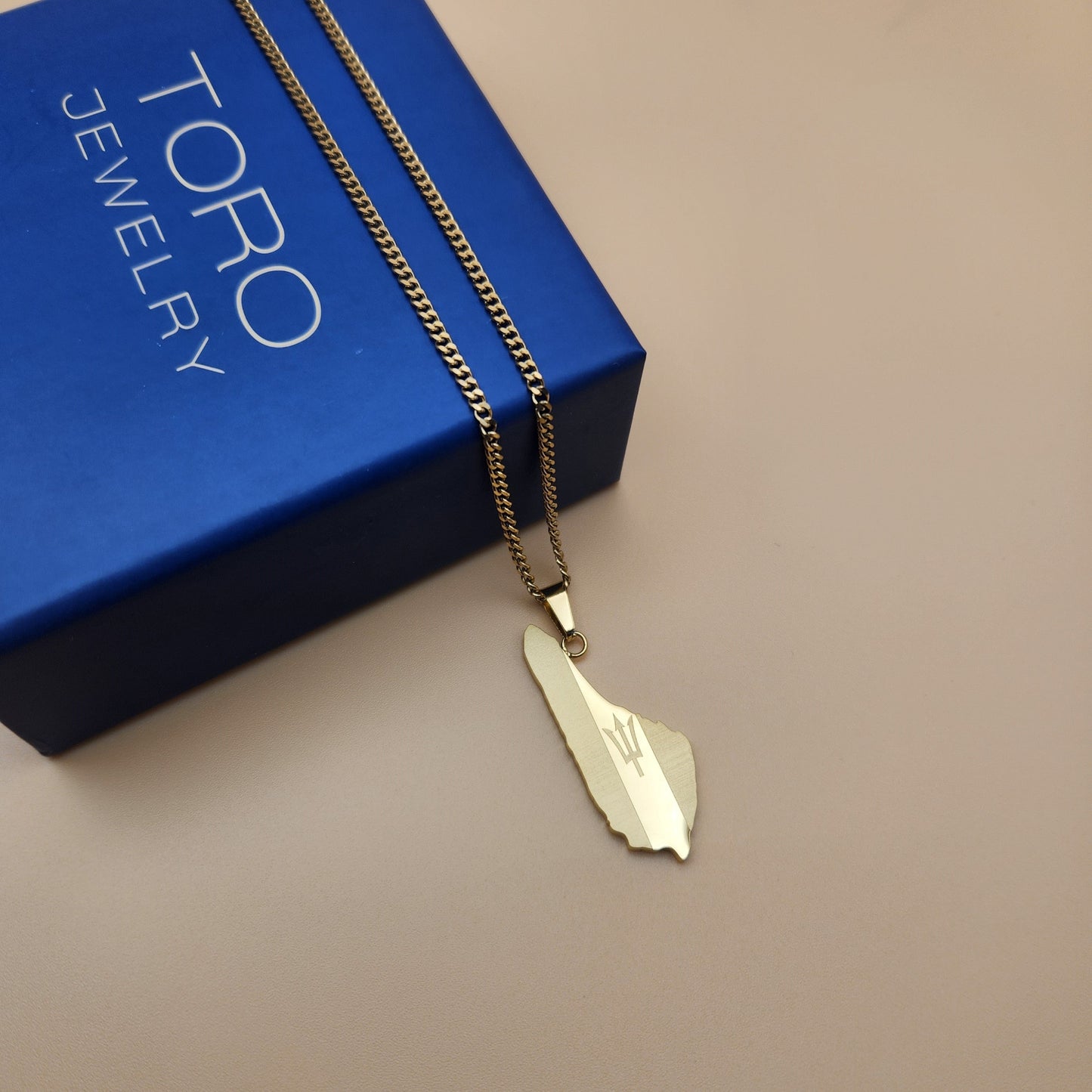 18K gold plated Barbados map necklace pendant showing detailed island outline on chain