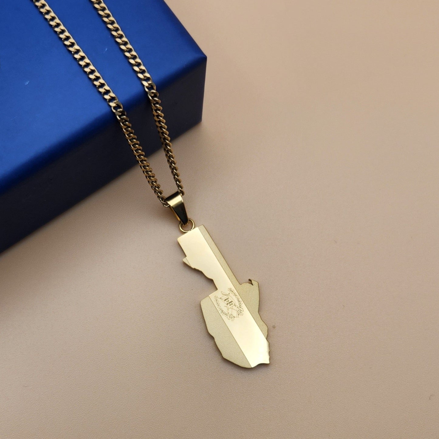 18K gold plated Guatemala country map necklace pendant showing detailed outline on 22 inch chain